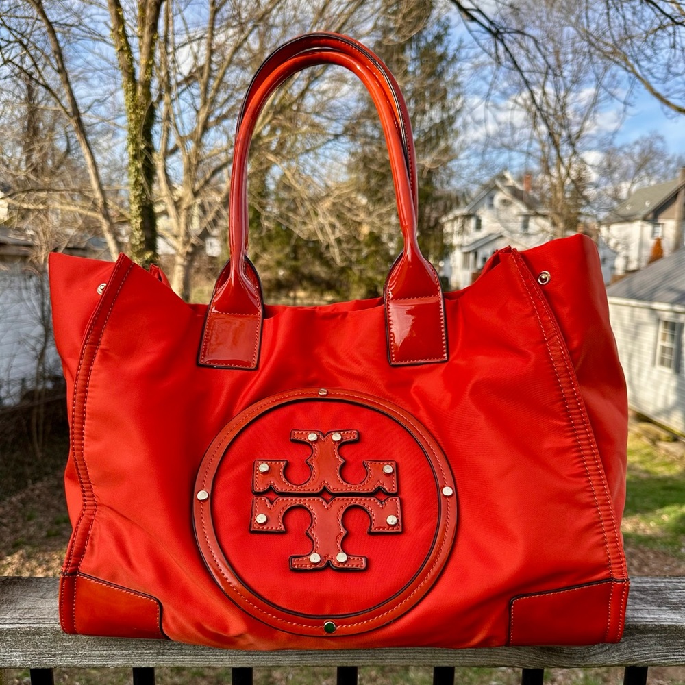 Tory Burch Ella Orangish Red Nylon Tote Patent Leather Trim